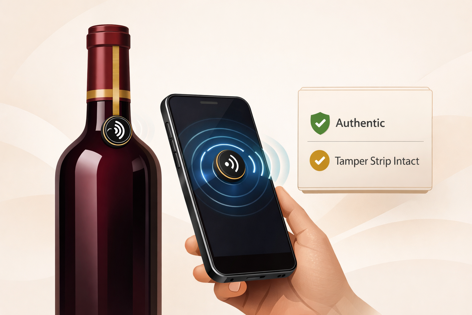 Bottle with tamper-evident NFC label, scanned by phone to produce authenticity certificate.